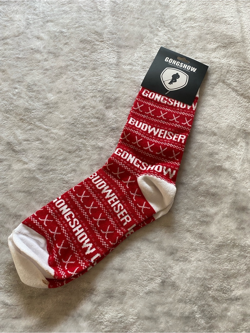 Gongshow x Budweiser Hockey Crew Socks Red White Size 10-13 NWT
